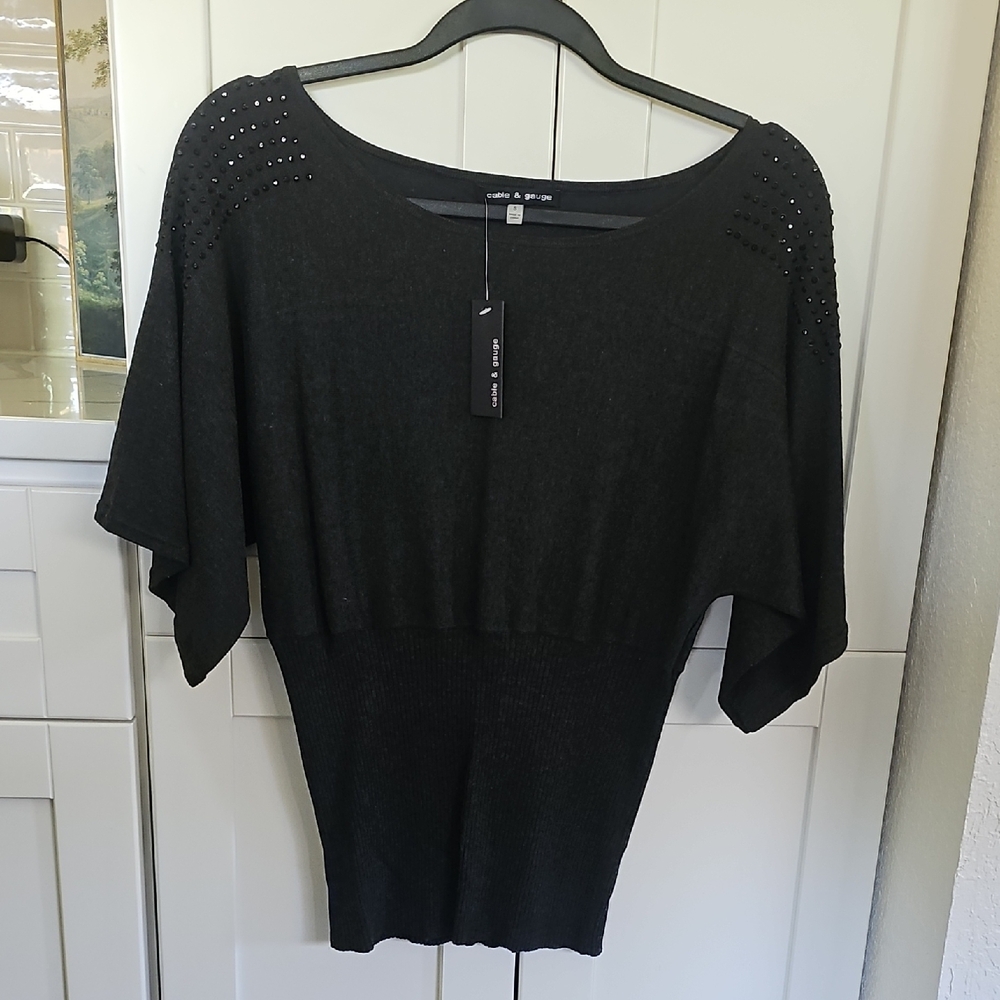 Cable and Gauge Embellished Sweater- Charcoal Gray